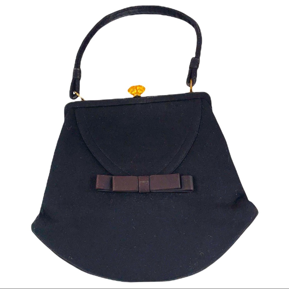 Vintage 1950s Crown Lewis Black Wool Handbag Purse Bow Gold Clasp